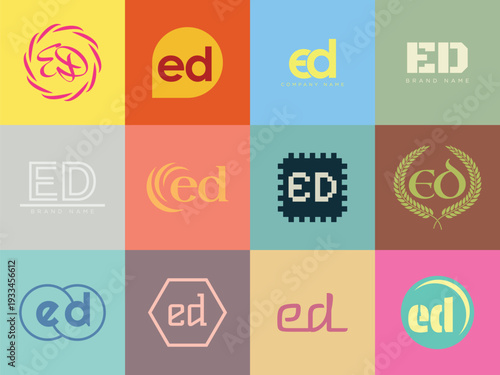 ED logo company template. Letter e and d logotype. Set different classic serif lettering and modern bold text with design elements. Initial font typography.