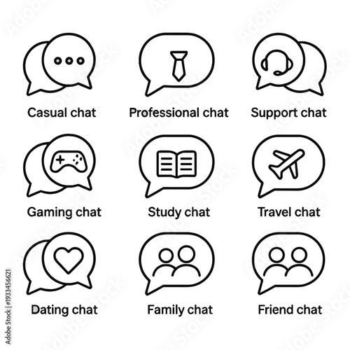 Chat icons set: casual, professional, support, gaming, study, travel, dating, family