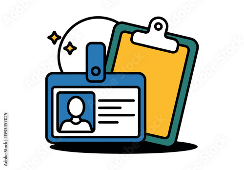 A cartoon illustration of an ID badge and clipboard with a person's identification details.