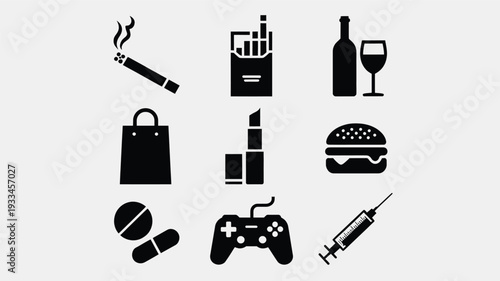 A minimalist collection of nine black icons representing unhealthy habits and vices, including a cigarette, wine, junk food, and more, on a light gray background, flat design