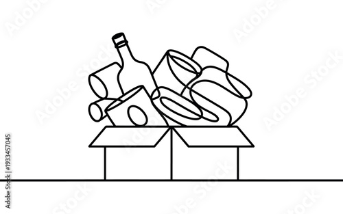 A simple line drawing of a cardboard box overflowing with trash and recyclables
