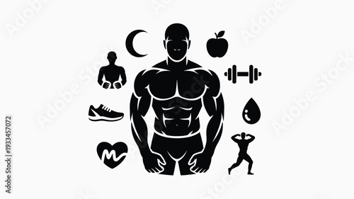 A black and white vector graphic featuring a muscular man with fitness icons around him, including an apple, dumbbell, and running shoe, conveying a healthy lifestyle.