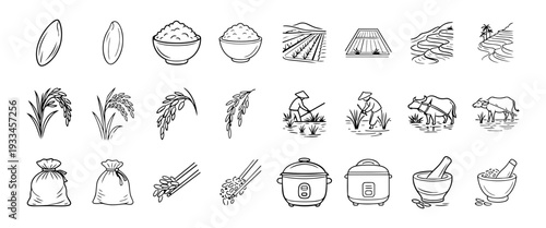 Rice Farming and Asian Cuisine Line Art Icon Set – Rice Field, Terrace, Farmer, Water Buffalo, Rice Bowl and Cooker Outline Collection