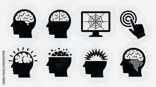 A modern flat design featuring eight black silhouettes of human heads with various creative brain ideas and lightbulbs, conveying innovation and inspiration vector graphic