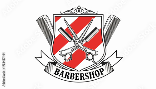Barbershop emblem with crossed scissors and straight razors on a striped shield.