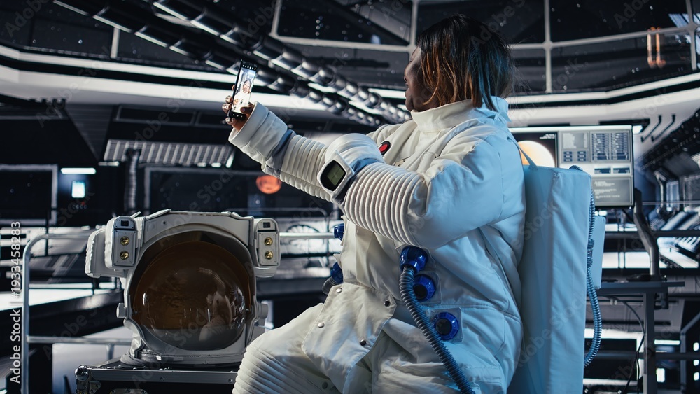 Fototapeta premium Cheerful astronaut takes selfies with smartphone inside orbital station while traveling toward Mars on exploration mission. Woman takes photos with phone during planet research expedition