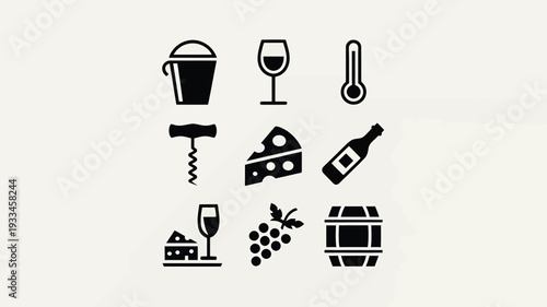 A minimalist graphic design featuring wine and cheese icons in a flat style, perfect for wine tasting or vineyard branding, with a clean and elegant aesthetic.