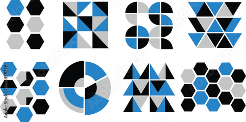 Collection of abstract geometric patterns featuring simple shapes like triangles circles and hexagons in blue black and grey