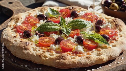 Wallpaper Mural Close up of freshly prepared pizza with assorted toppings on wooden board Torontodigital.ca