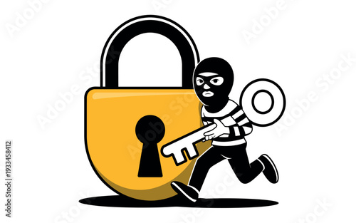 A cartoon thief running away with a large key and shield from a giant yellow padlock on a white background.