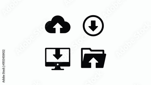 A set of four minimalist icons depicting upload and download symbols in a clean, flat design, perfect for use in digital applications and interfaces.