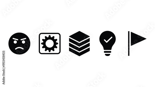A set of five minimalist black icons on a white background, including an angry face, gear, stacked layers, light bulb with checkmark, and flag, perfect for design and business use.