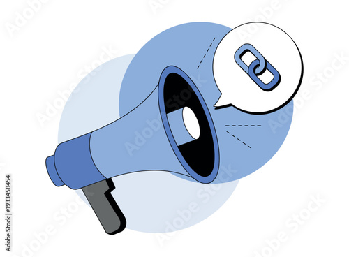 A blue cartoon megaphone with a speech bubble containing a link icon on a white background