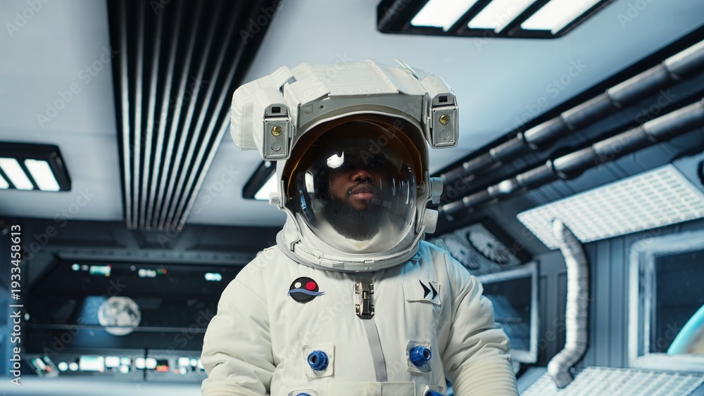 Fototapeta premium Scientist wearing helmet walking in cutting edge spaceship, doing cosmic voyage in solar system. African american astronaut wearing cosmonaut gear aboard orbital station, camera B