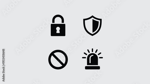 A set of four minimalist icons featuring security symbols, including a padlock, shield, prohibition sign, and alarm light, in a flat design style.