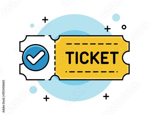 A graphic illustration of a yellow ticket with a blue checkmark on a white background