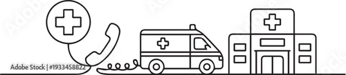 Minimalist Line Art of Ambulance and Hospital with Medical Symbols