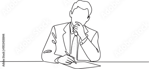 Minimalist Line Art of Businessman Sitting at Desk Thinking