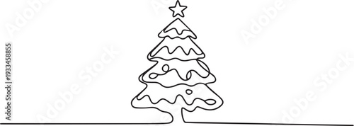 Black and White Line Art of Decorated Christmas Tree with Garland and Ornaments
