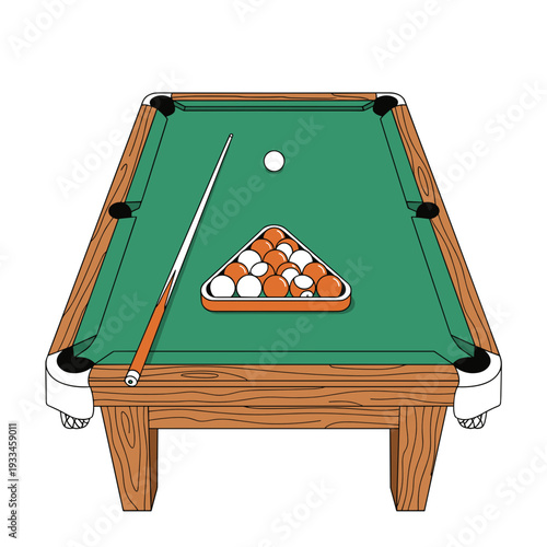 Billiard table top view with cue and balls