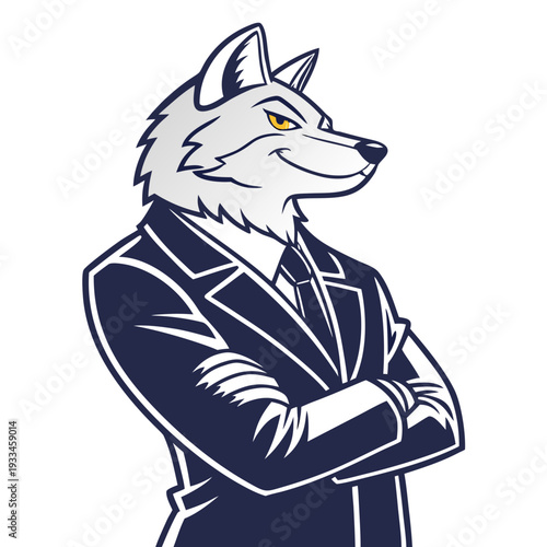 Professional wolf mascot in sharp dark suit and tie standing confidently for corporate animal identity