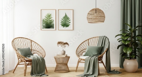 Cozy living room with wicker furniture and plants