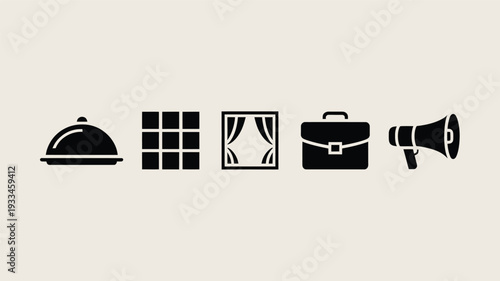 A simple, elegant line art illustration showcasing a covered dish, window, briefcase, and megaphone in a flat design style, ideal for business or service-related concepts.