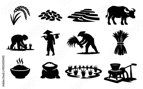 Rice Farming and Asian Agriculture Silhouette Icon Set – Rice Plant, Farmer, Terraces, Water Buffalo, Paddy Field