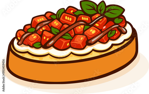 llustration of a bruschetta with fresh tomatoes, herbs, and a drizzle of sauce. This vibrant and tasty dish brings a burst of flavor with its colorful toppings and fun, cute design.