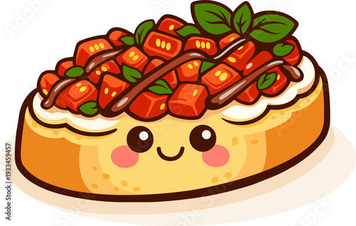 kawaii bruschetta with fresh tomatoes, herbs, and a drizzle of sauce. This vibrant and tasty dish brings a burst of flavor with its colorful toppings and fun, cute design.