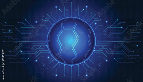 World Cup soccer ball soaring through cyber space with glowing neon lines trailing its path. Cyber players, online, blending sport technology concepts. Electric blue, futuristic background. 2026, 2030