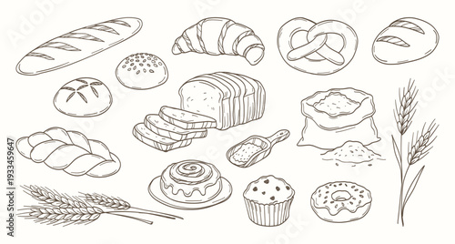 Hand-drawn bakery items on white background. Loaves, rolls, pastries, wheat, and flour shown simply. Delicate lines convey rustic baking charm. Ideal for food, recipes, or kitchen design projects
