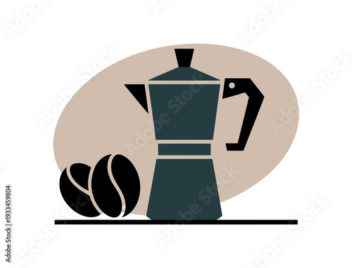 A minimalist graphic illustration of a coffee maker with coffee beans on a clean white background