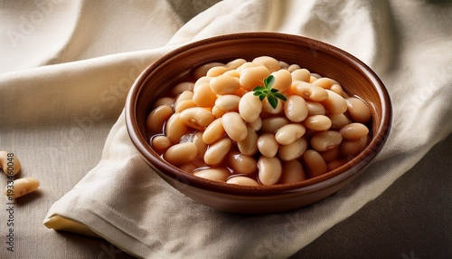 cooked white beans on a textured linen cloth designed as a neutral background for culinary presentation world nutrition day