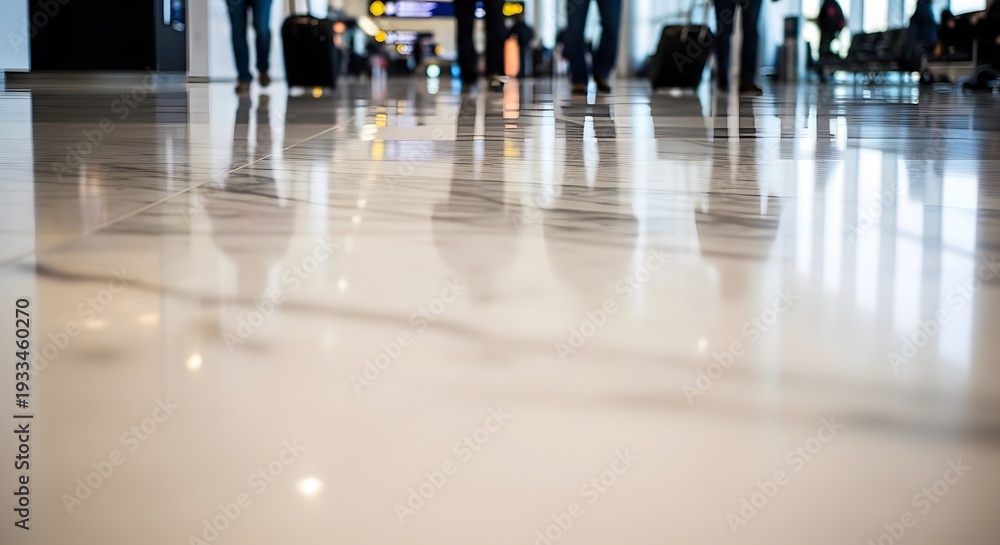 Fototapeta premium Reflection of Travelers with Luggage in a Modern Airport Terminal Floor.