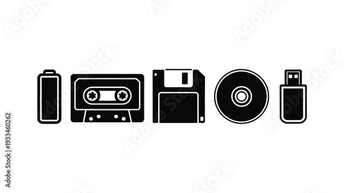 A minimalist line art illustration featuring a collection of vintage data storage devices, including a battery, cassette tape, floppy disk, CD, and USB drive, in a sleek black and white flat design.
