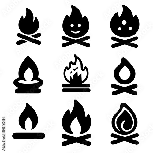 Black fire icons set featuring various flame and campfire designs