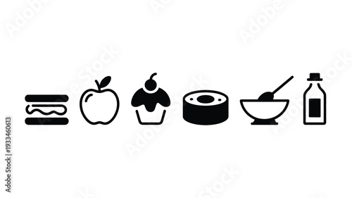 A minimalist line art illustration featuring a variety of food icons, including a sandwich, apple, cupcake, sushi, bowl with spoon, and milk bottle, in a simple and clean flat design.