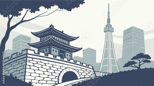 Traditional East Asian Gate Architecture Contrasting Modern City Skyline and Tall Communication Tower Silhouette seoul skyline vector