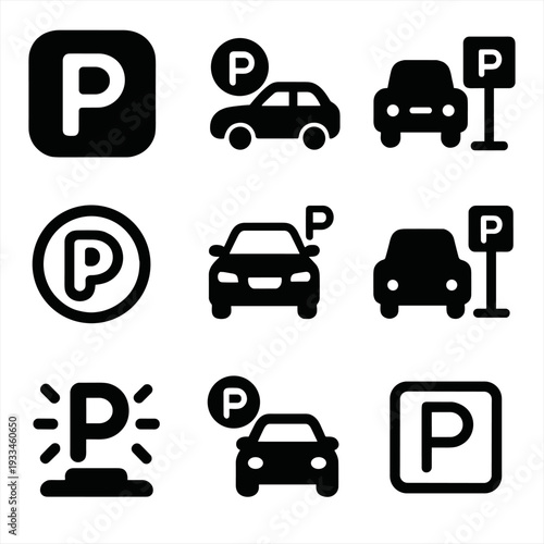 Black parking icons set: vehicles, symbols, and signage on gray background