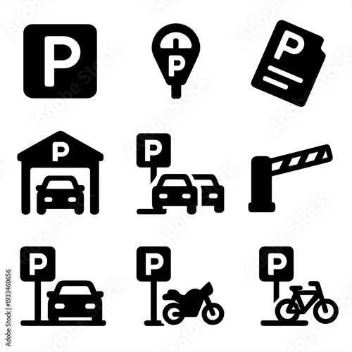 Parking icons set: cars, motorbike, bicycle, garage, meter, ticket, gate