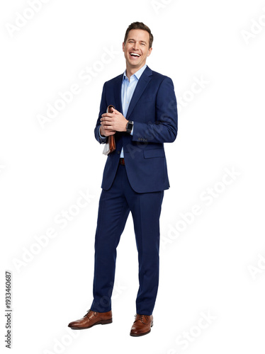 Full length standing man Financial analyst very happy, white   background, professional and bright photography, no logo.