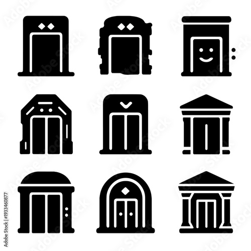 Nine mysterious door silhouettes on dark background