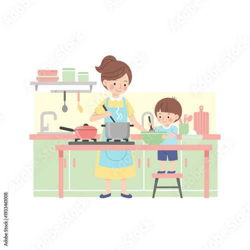 Mother and Child Cooking Together in Kitchen.