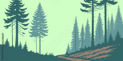 Lush evergreen forest with layered pine trees and misty atmosphere. Nature landscape vector background for environmental design, conservation, eco branding and outdoor adventure.