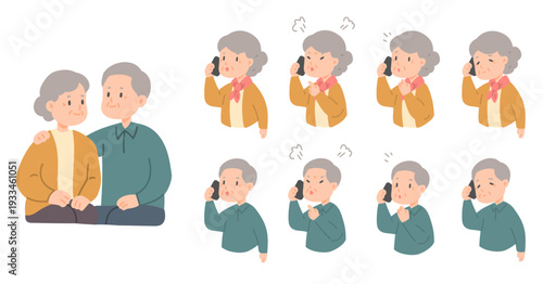 스마트폰으로 통화하는 노인 여자 남자 일러스트 세트