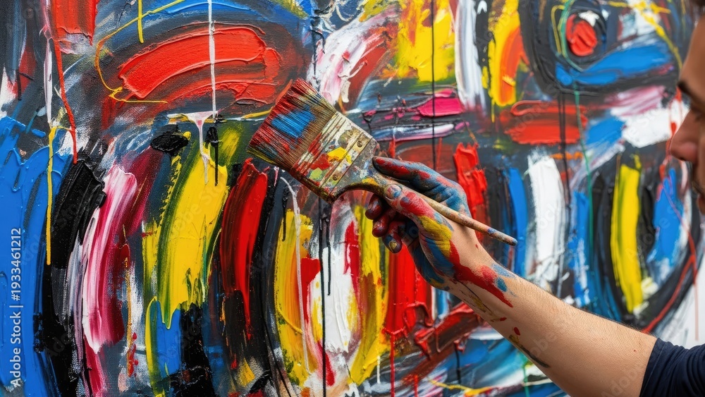 Fototapeta premium Artist painting abstract artwork with brush creating vibrant colorful composition