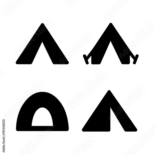 Minimalist tent icon set featuring four camp shelter designs