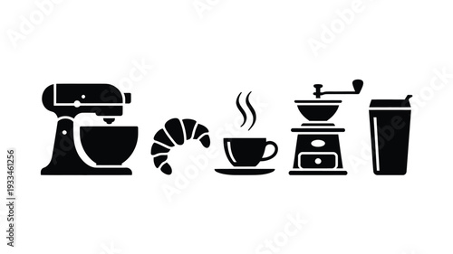 A minimalist line drawing featuring five kitchen icons including a mixer, croissant, steaming cup of coffee, coffee grinder, and tumbler in a flat design vector illustration.
