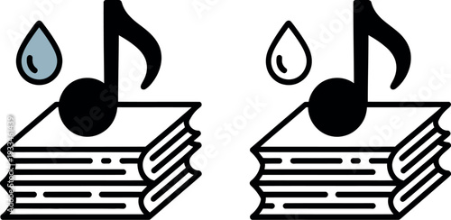 A creative illustration of music notes and water droplets on top of stacks of books